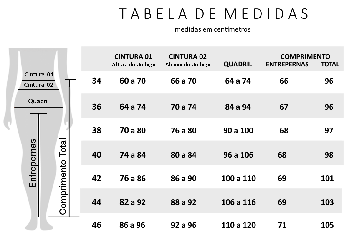 Tabela de Medidas Skinny Alfaiataria