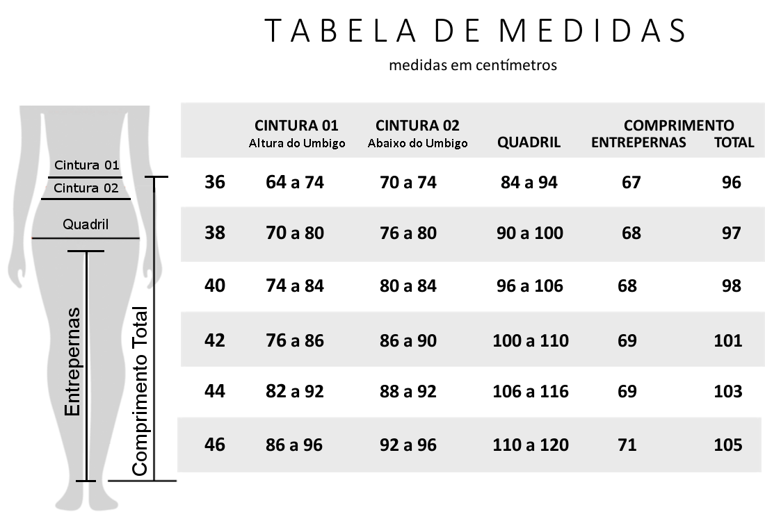Tabela de Medidas Skinny Alfaiataria